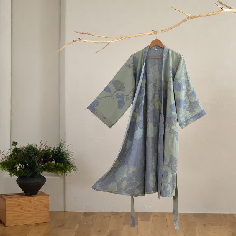 Ginkgo Leaf Organic Cotton Kimono Robe - Light Green & Blue - 2XL - image 10