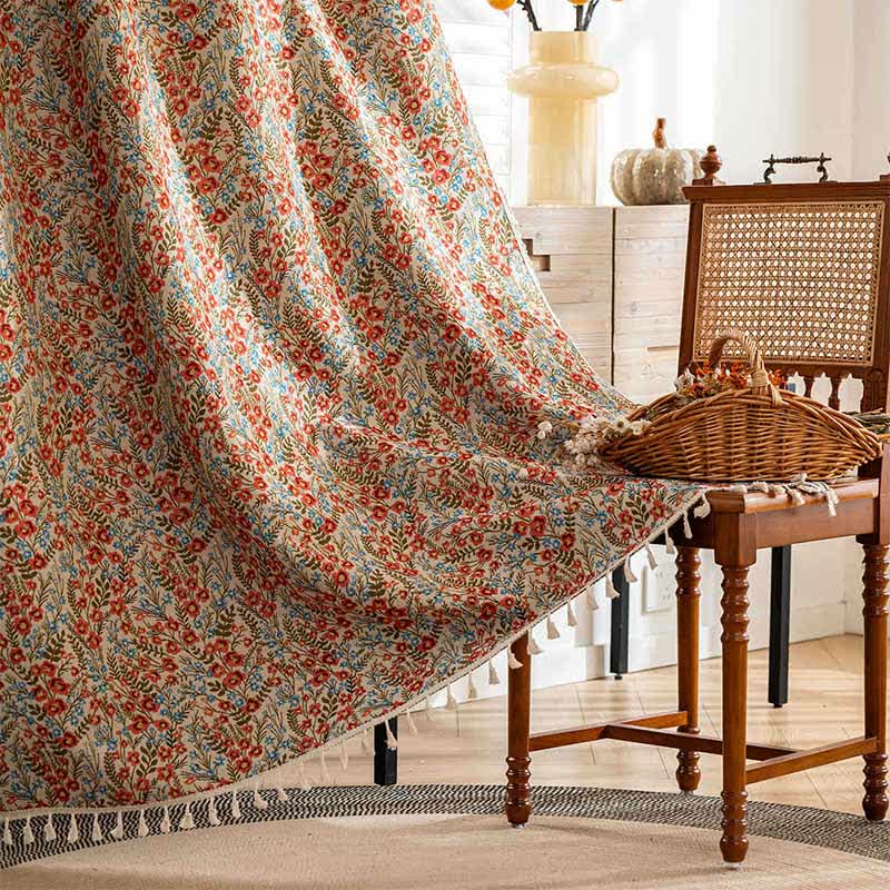 Country Style Red Floral Tassel Curtain - Rod Pocket - 59" x 102" - image 0