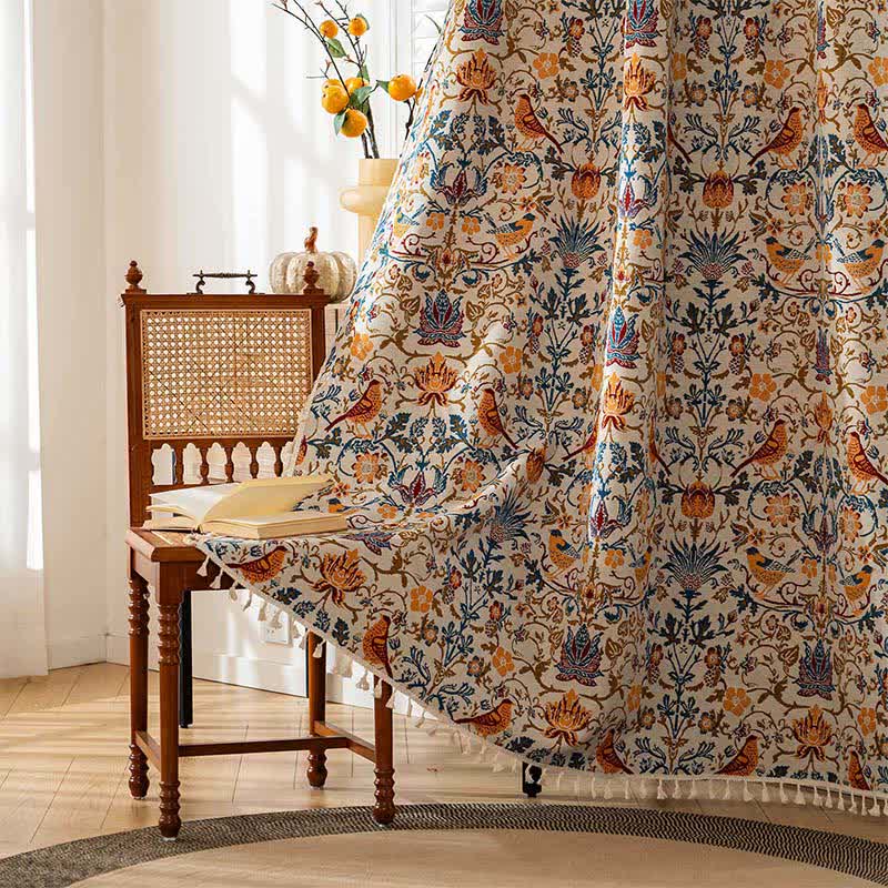 Vintage Botanical Bird Tassel Curtain - Rod Pocket - 59" x 102" - image 0