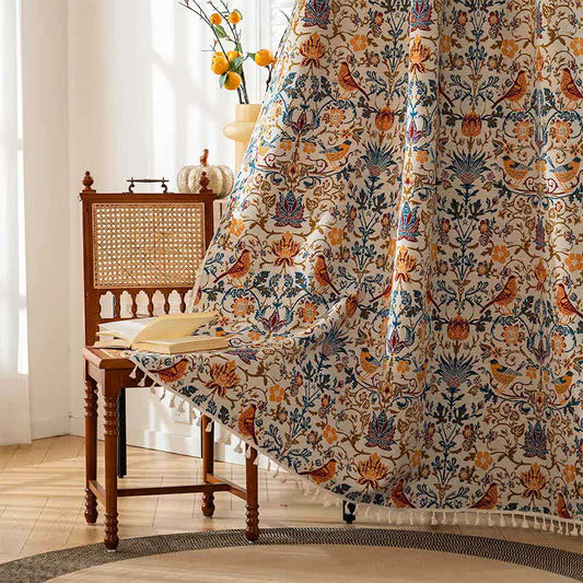 Vintage Botanical Bird Tassel Curtain - Rod Pocket - 59" x 102" - image 0