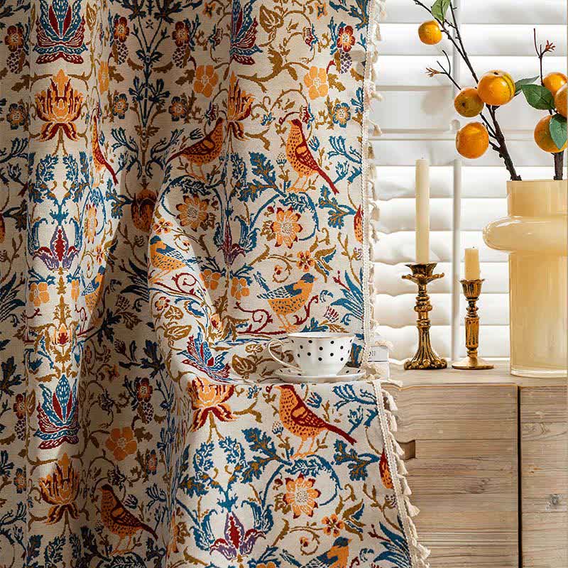 Vintage Botanical Bird Tassel Curtain - image 3