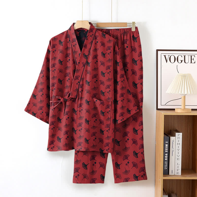 Ginkgo Organic Cotton Kimono Loungewear Set - Red & Black - XL - image 6