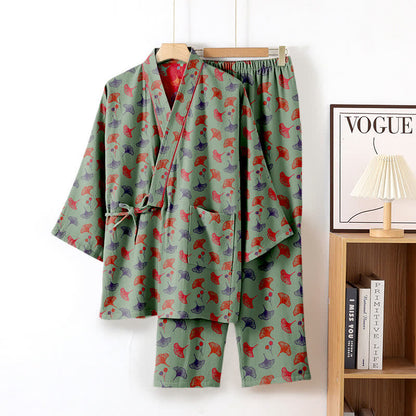 Ginkgo Organic Cotton Kimono Loungewear Set - Green & Red - XL - image 18