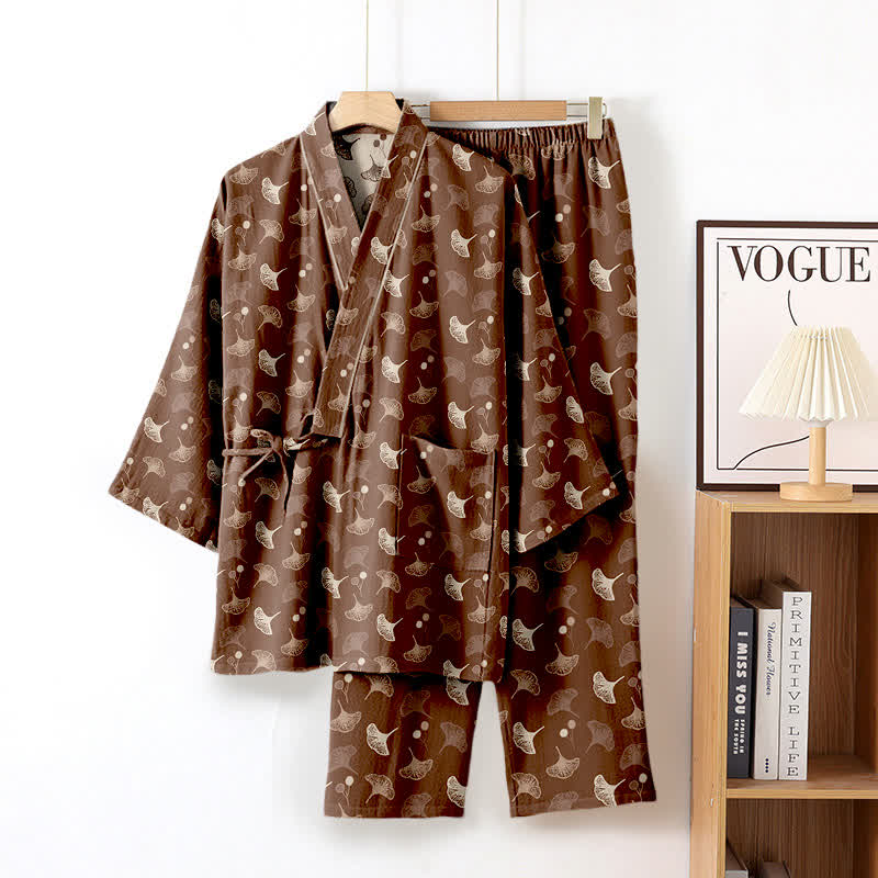 Ginkgo Organic Cotton Kimono Loungewear Set - Brown - XL - image 21