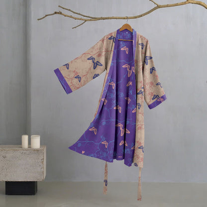 Butterfly Cotton Gauze Kimono Robe - Brown - XL - image 11