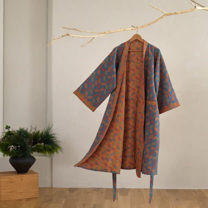 Ginkgo Biloba Cotton Gauze Japanese Robe - Blue - 2XL - image 0