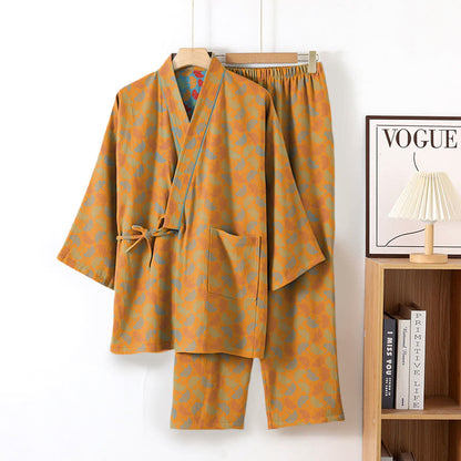 Ginkgo Leaf Cotton Kimono Loungewear Set - Orange - XL - image 4