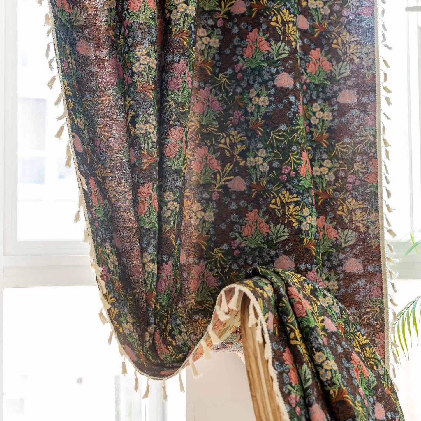 Retro Floral Branch Leaf Tassel Curtain - image 4