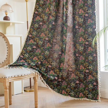 Retro Floral Branch Leaf Tassel Curtain - Rod Pocket - 59" x 102" - image 0