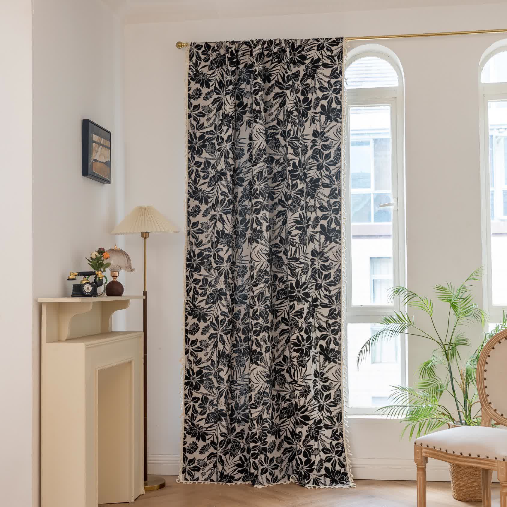 Vintage Black Floral Tassel Curtain - image 1