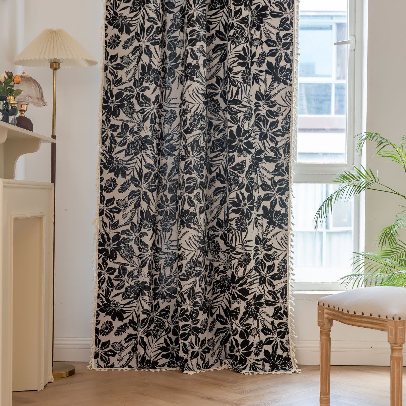 Vintage Black Floral Tassel Curtain - image 3
