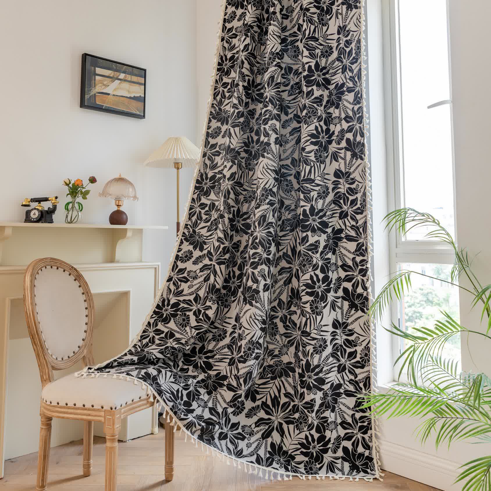 Vintage Black Floral Tassel Curtain - Rod Pocket - 59" x 102" - image 0