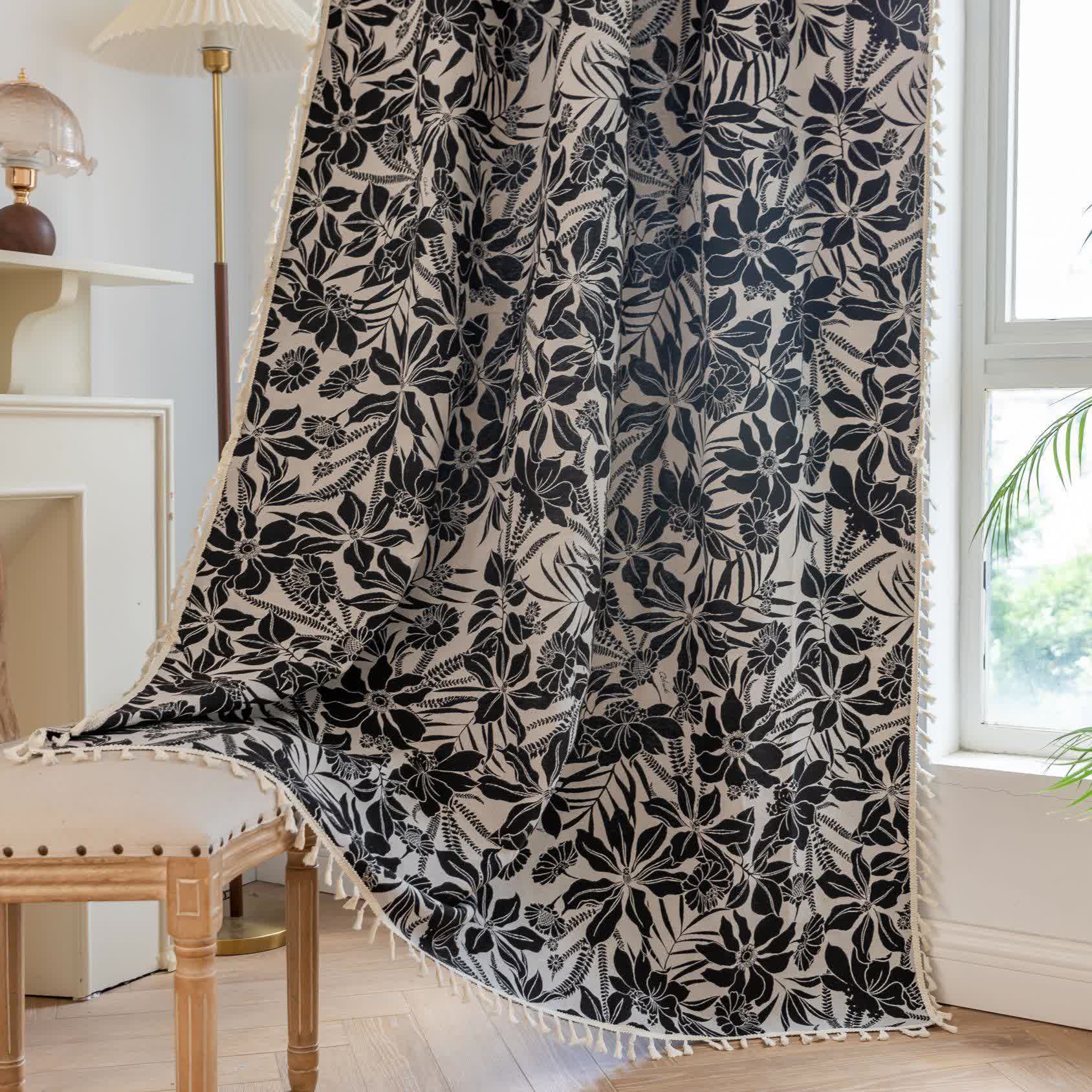 Vintage Black Floral Tassel Curtain - image 2