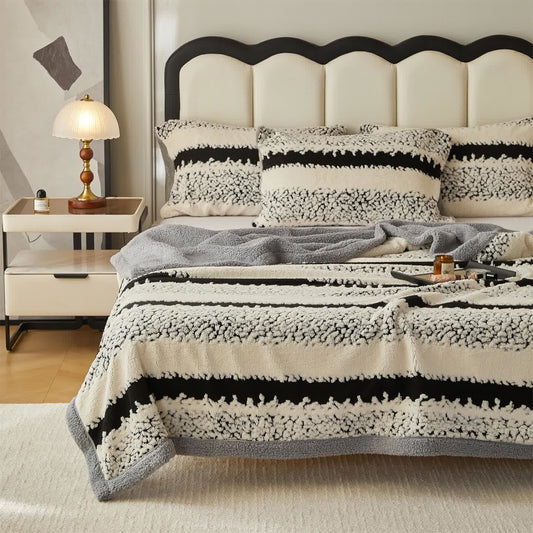  Double Layer Striped Print Sherpa Blanket - image 0