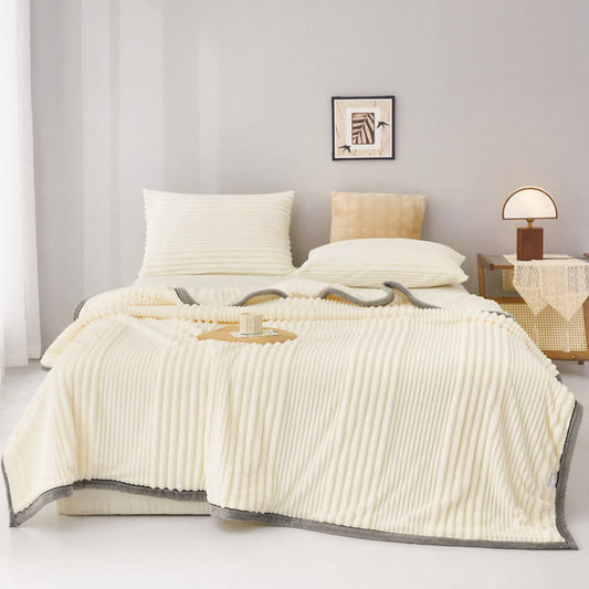 Solid Color Striped Plush Throw Blanket - White - Queen - image 0