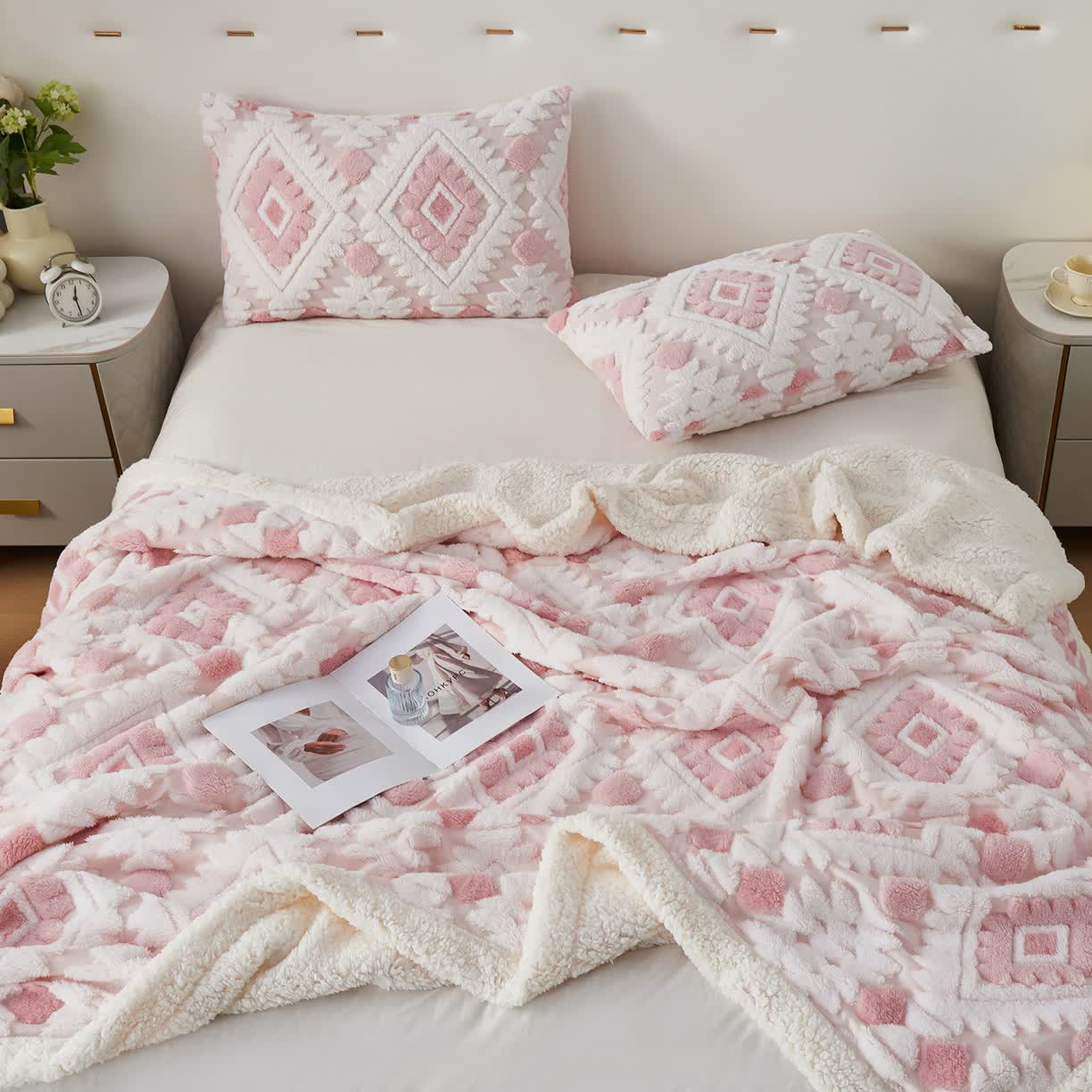 Bohemian Style Jacquard Sherpa Throw Blanket - Pink - Queen - image 15