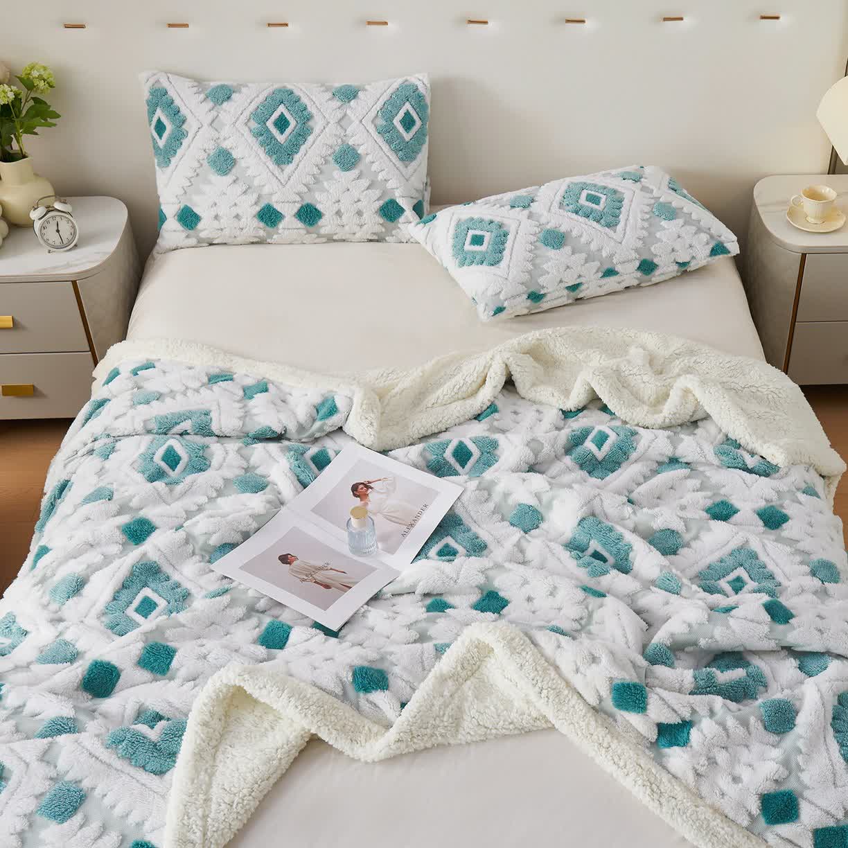 Bohemian Style Jacquard Sherpa Throw Blanket - Cyan - Queen - image 16