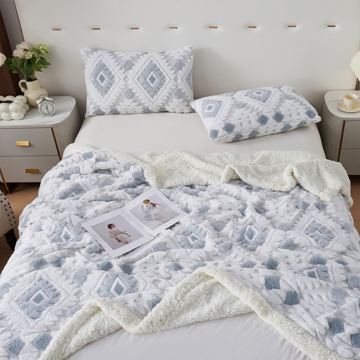 Bohemian Style Jacquard Sherpa Throw Blanket - Light Blue - Queen - image 13