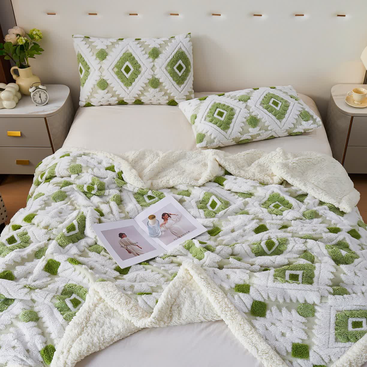 Bohemian Style Jacquard Sherpa Throw Blanket - Light Green - Queen - image 14