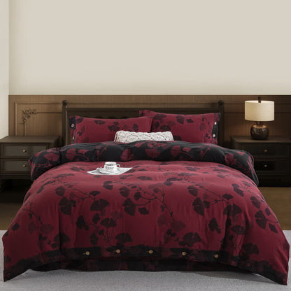 Button Ginkgo Leaf Cotton Gauze Bedding Set (4PCS) - Black & Red - King - image 26