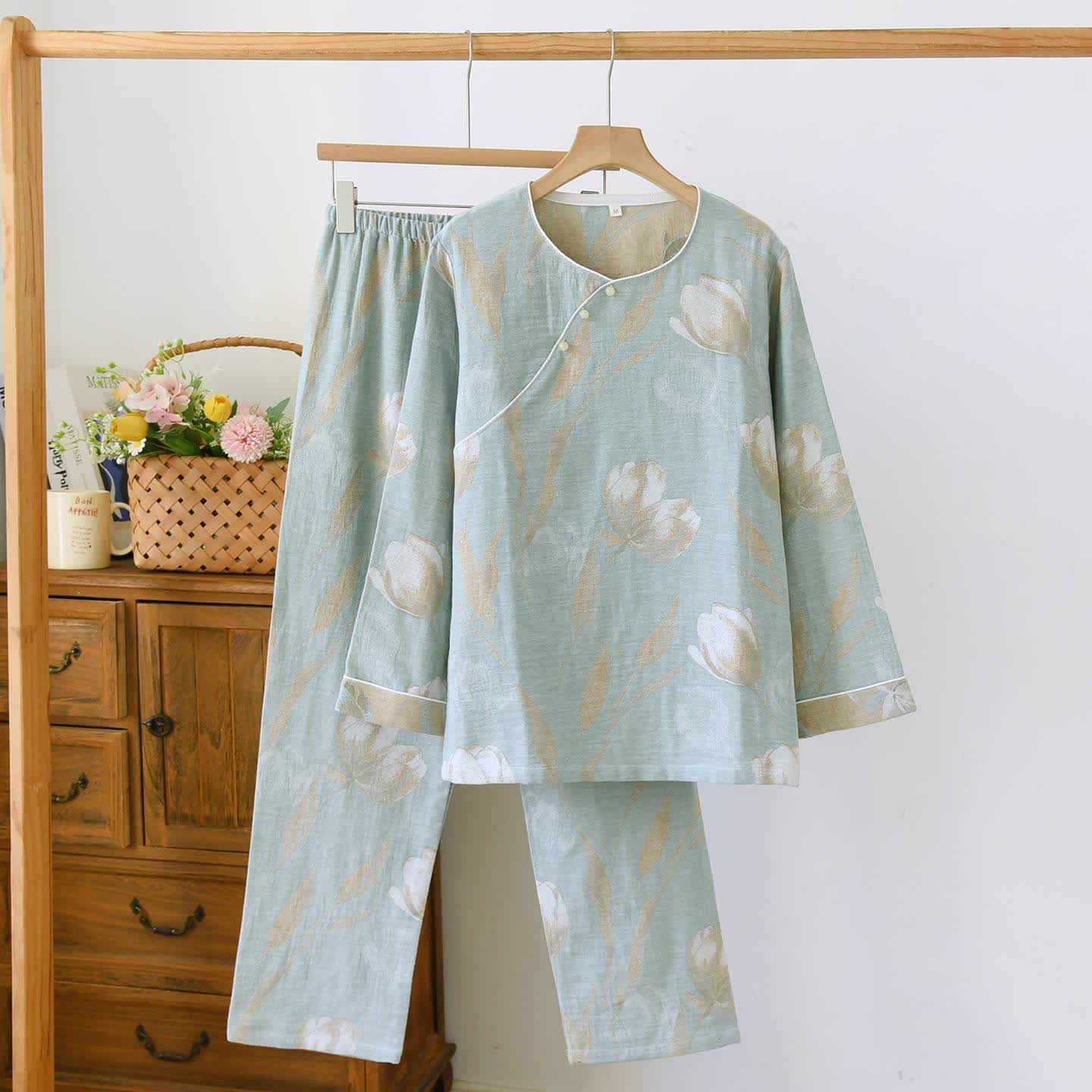 Tulip Cotton Gauze Jacquard Loungewear Set - Green - XL - image 3