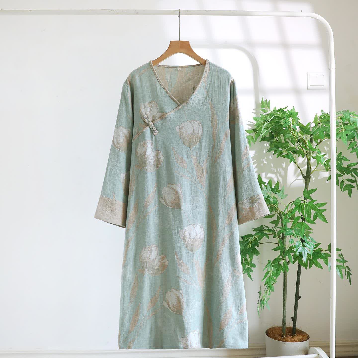 Tulip Natural Cotton Gauze Jacquard Nightdress - Green - XL - image 6