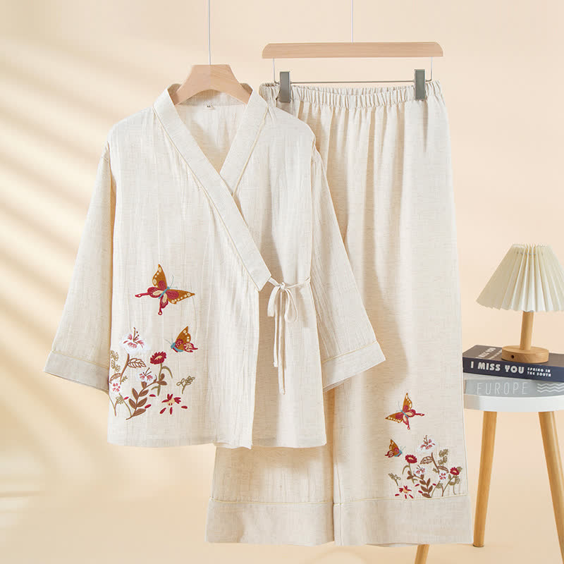 Butterfly Floral Embroidered Kimono Loungewear Set - White - XL - image 3