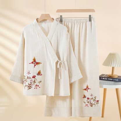 Butterfly Floral Embroidered Kimono Loungewear Set - White - XL - image 3