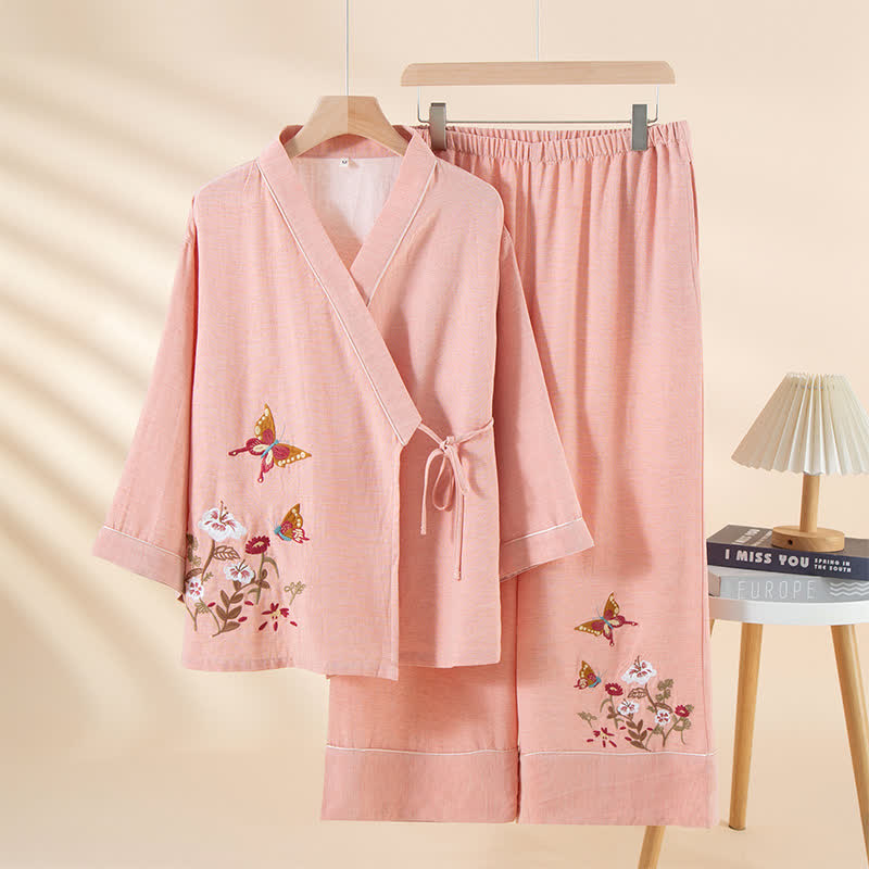 Butterfly Floral Embroidered Kimono Loungewear Set - Pink - XL - image 1