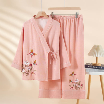 Butterfly Floral Embroidered Kimono Loungewear Set - Pink - XL - image 1