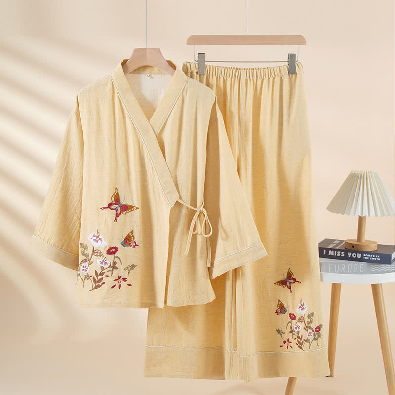 Butterfly Floral Embroidered Kimono Loungewear Set - Yellow - XL - image 2
