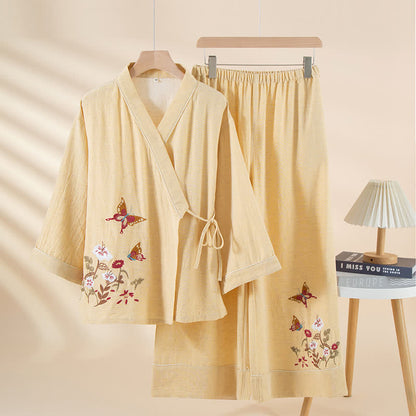 Butterfly Floral Embroidered Kimono Loungewear Set - Yellow - XL - image 2