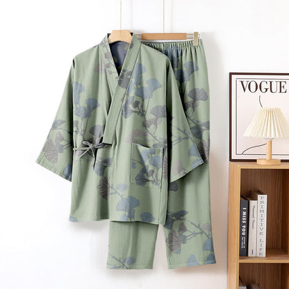 Ginkgo Leaf Organic Cotton Kimono Loungewear - Green - XL - image 1