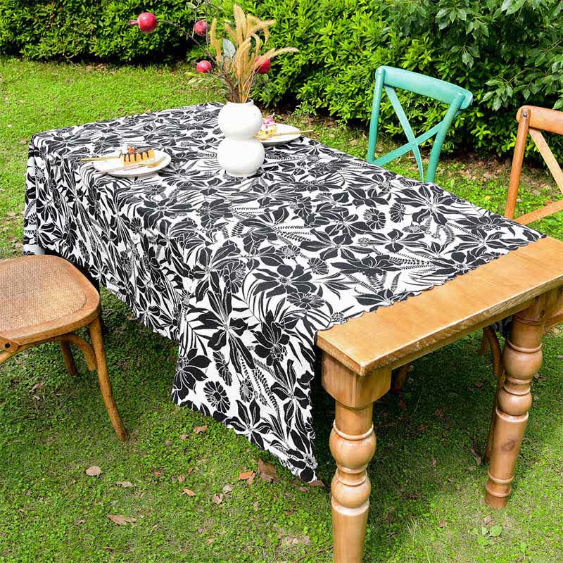 Vintage Black Floral Scalloped Edge Tablecloth - image 2