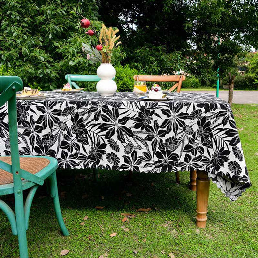 Vintage Black Floral Scalloped Edge Tablecloth - 55" x 102" - image 0