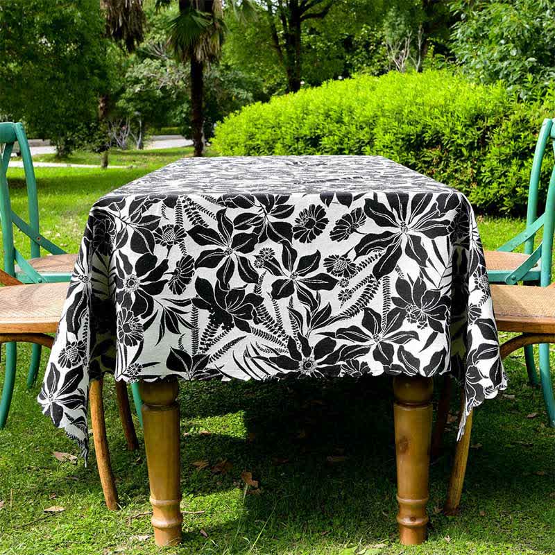 Vintage Black Floral Scalloped Edge Tablecloth - image 1