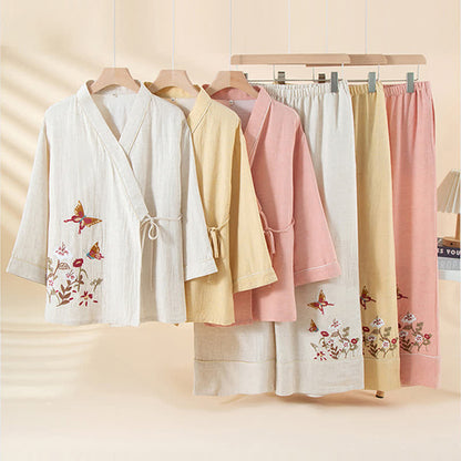 Butterfly Floral Embroidered Kimono Loungewear Set - image 0
