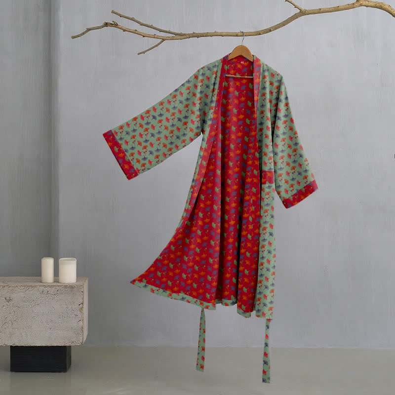 Two-Tone Ginkgo Cotton Gauze Kimono Robe - Green & Red - 2XL - image 22