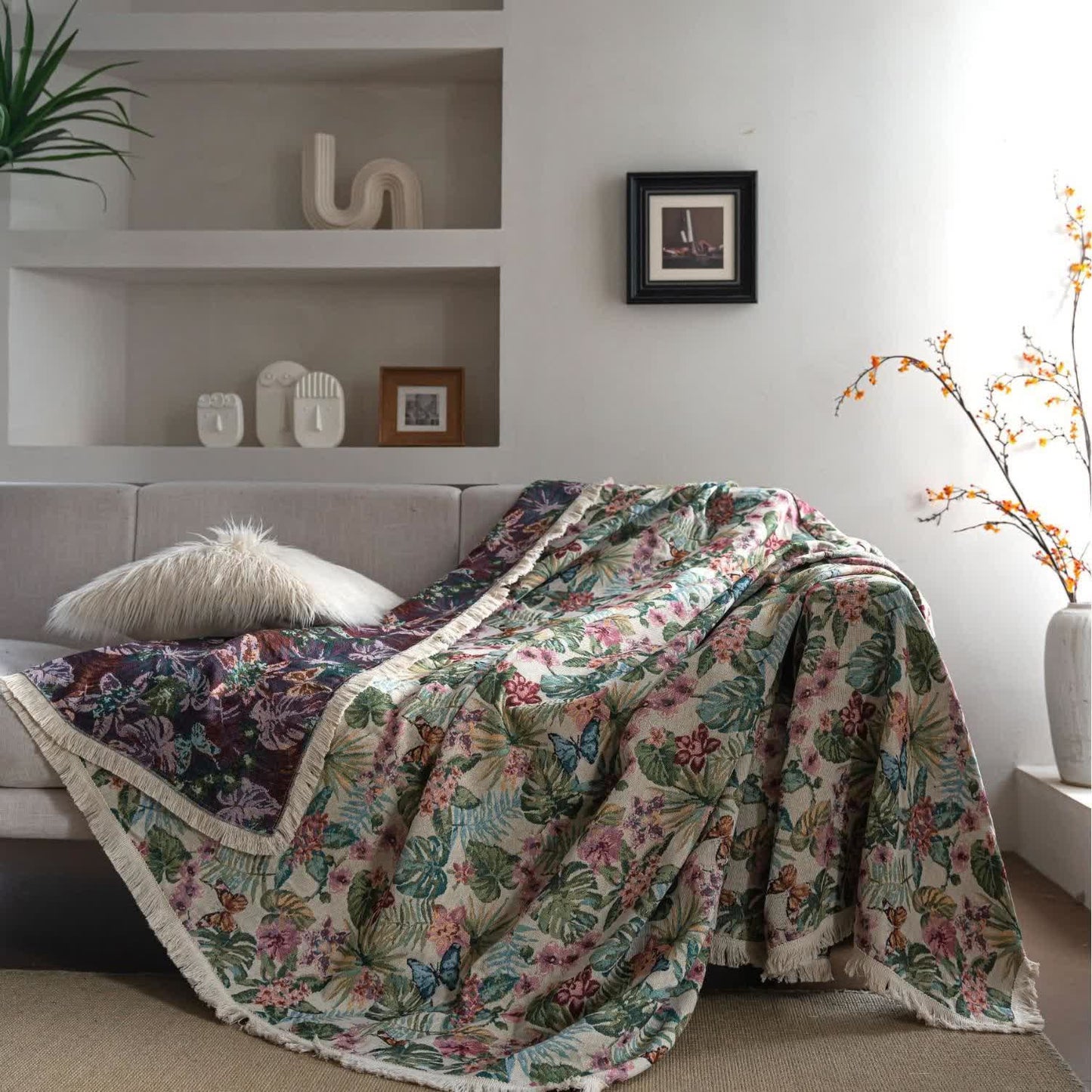 Tropical Monstera Butterfly Sofa Throw Blanket - 71" x 134" - image 0