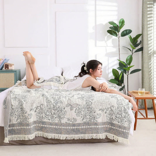 Pastel Floral Cotton Gauze Tassel Quilt - Grey - Queen - image 0