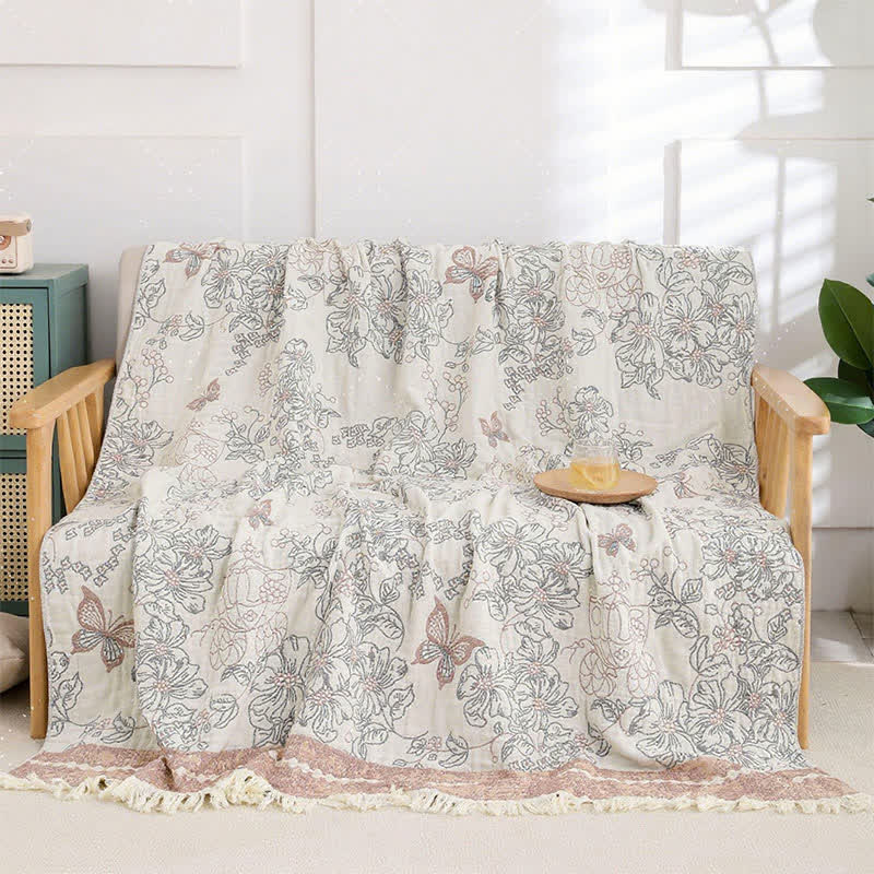 Pastel Floral Cotton Gauze Tassel Quilt - image 5