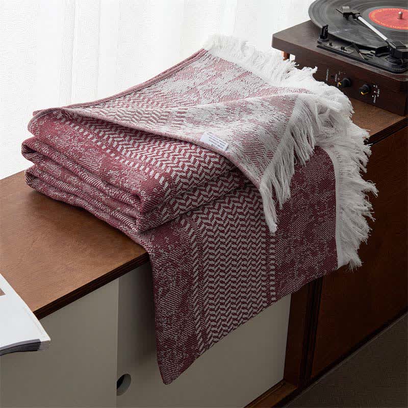 Modern Jacquard Reversible Cotton Tassel Quilt - Wine - Queen - image 1