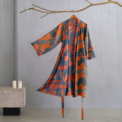 Botanical Leaf Cotton Gauze Kimono Robe - Orange - L - image 7