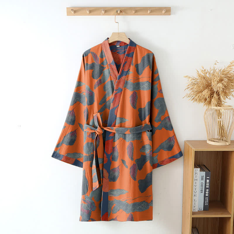 Botanical Leaf Cotton Gauze Kimono Robe - image 8
