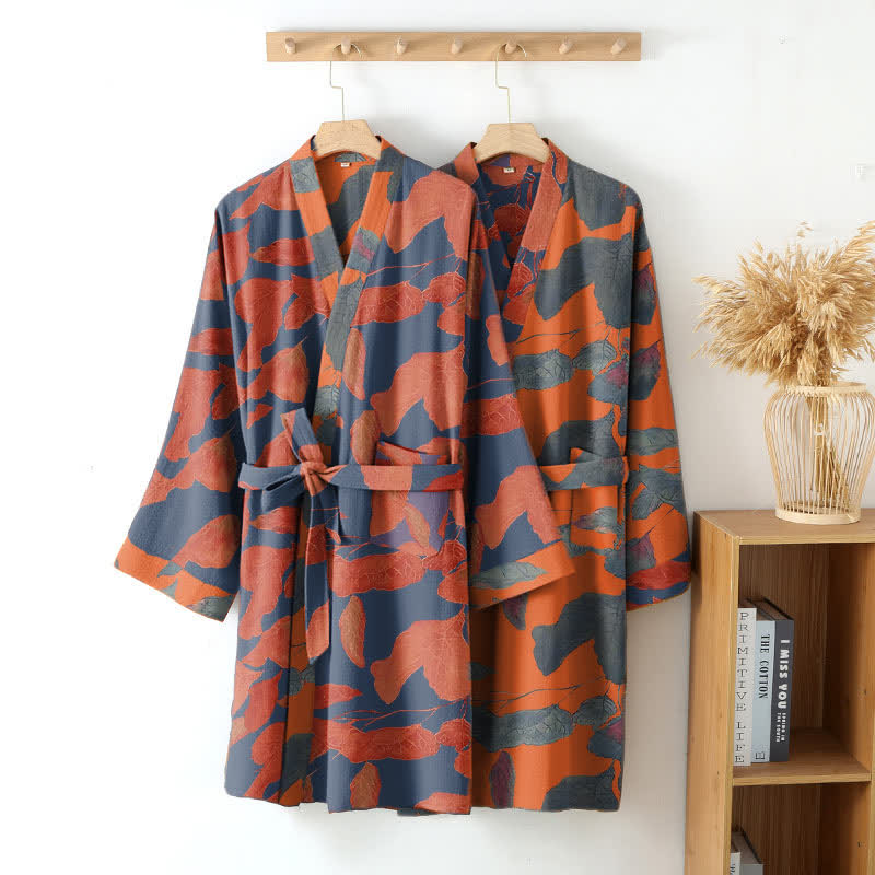 Botanical Leaf Cotton Gauze Kimono Robe - image 1
