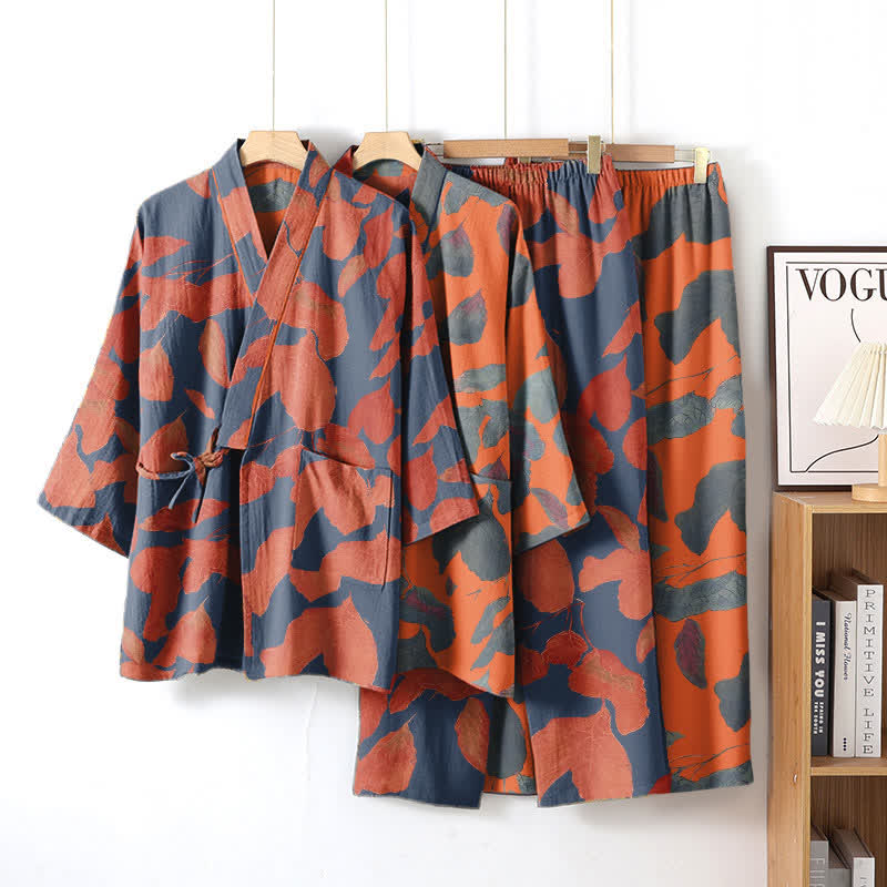 Botanical Leaf Cotton Kimono Loungewear Set - image 0