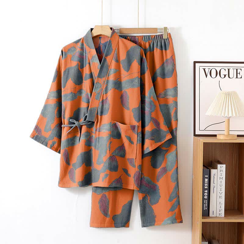 Botanical Leaf Cotton Kimono Loungewear Set - Orange - XL - image 4