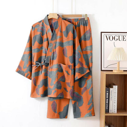 Botanical Leaf Cotton Kimono Loungewear Set - Orange - XL - image 4