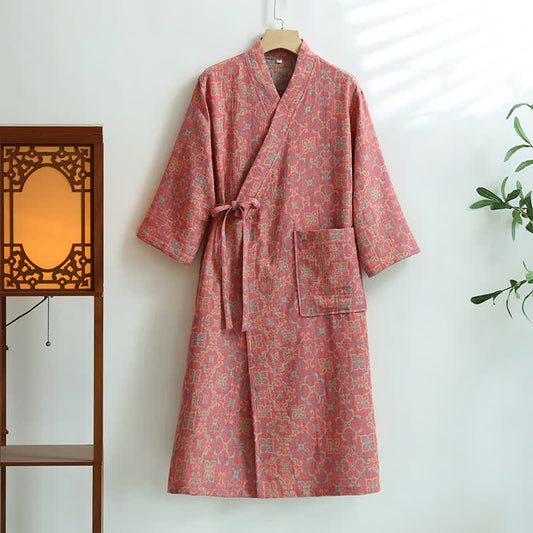 Vintage Floral Cotton Gauze Pocket Bathrobe - Pink - XL - image 0