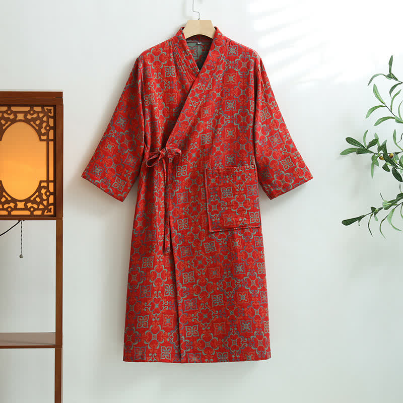 Vintage Floral Cotton Gauze Pocket Bathrobe - Red - XL - image 5
